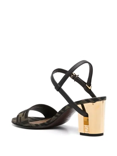 Fendi Women Delfina Ff Brown Jacquard Sandals In Multi