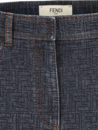 Fendi Flared Midi Denim Skirt With All-over Quilted Ff Motif Clothing In Blue