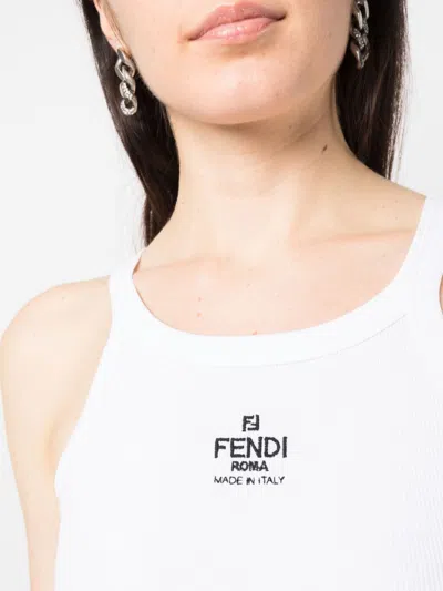 Fendi Women White Ribbed Tank Top With Contrasting Logo Embroidery In Stretch Cotton Woman In White