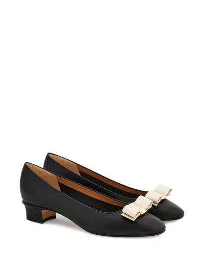 Ferragamo Black And Mascarpone Leather Vara Bow Pumps In Multi