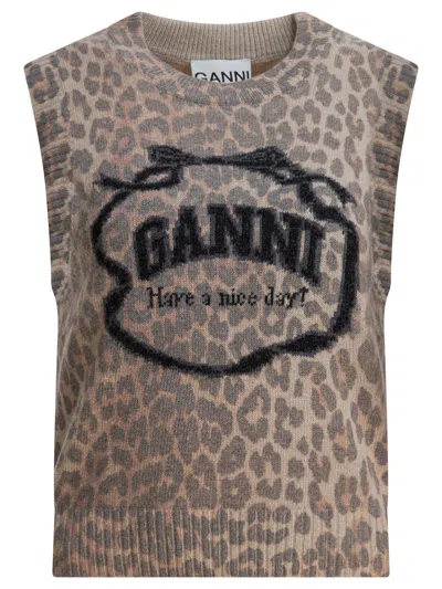 Ganni Wool Vest With Logo Knitwear Brown In Brown