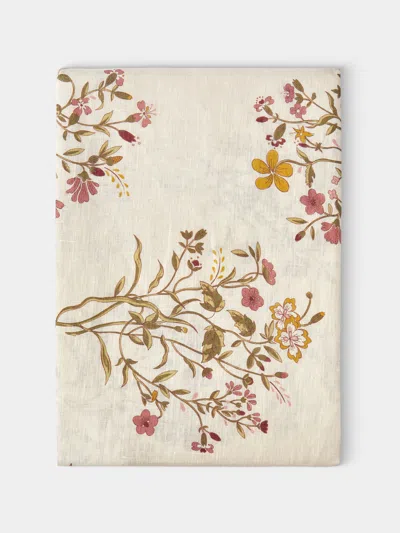 Volga Linen Scarlet Flax & Field Flowers Overlock-stitch Linen Round Tablecloth (86.5in/2.2m) In Neutral
