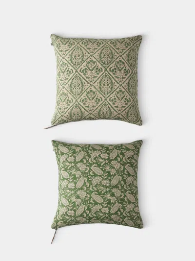 Chamois Block-printed Linen Cushions - 19.5in/50cm (set Of 2) In Green