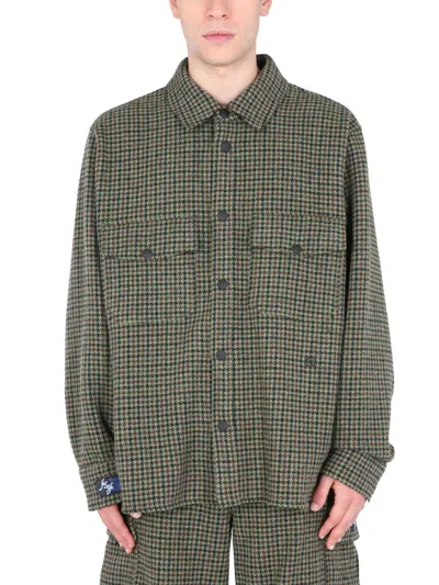 Msgm Checkered Wool Shirt With Classic Collar In Green