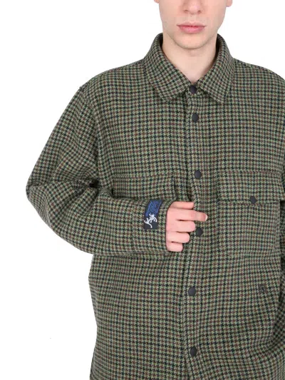 Msgm Checkered Wool Shirt With Classic Collar In Green