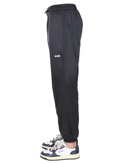 Msgm Casual Black Jogging Pants With Elastic Waistband And Side Logo In Black