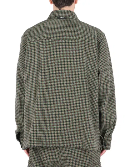 Msgm Checkered Wool Shirt With Classic Collar In Green