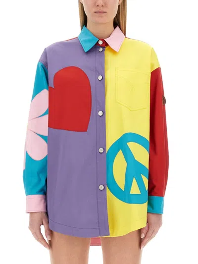 Moschino Oversized Printed Shirt With Eclectic Patchwork Design In Multi