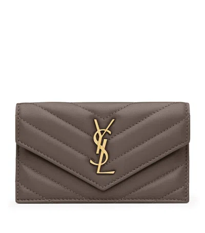 Saint Laurent Leather Cassandre Fragments Flap Card Holder In Gray