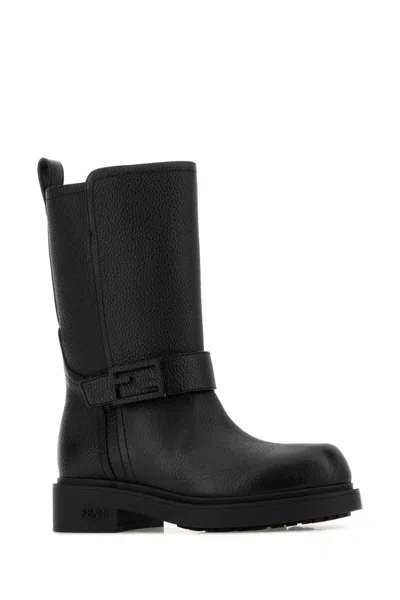 Fendi Leather Buckle Boots In Black