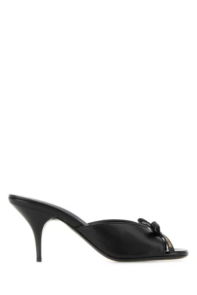 Miu Miu Lamb Leather Slippers Bow Open Toe Stiletto In Black