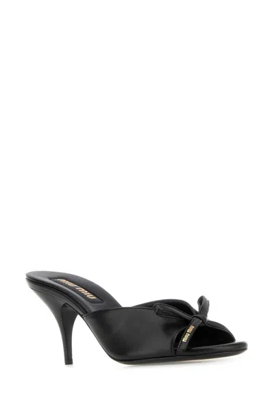 Miu Miu Lamb Leather Slippers Bow Open Toe Stiletto In Black
