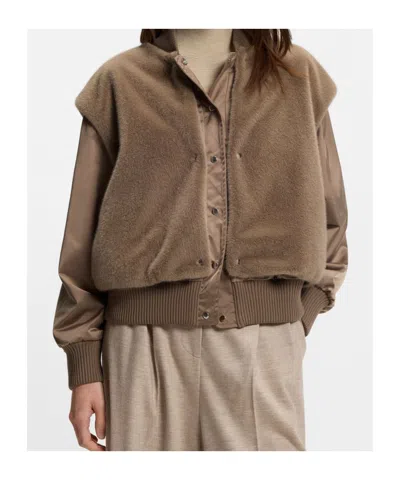 Hugo Boss Boss Wool Blend Bomber Jacket With Satin Inserts Boss In Brown