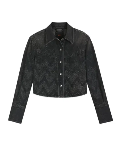 Hugo Boss Cropped Regular-fit Blouse In Crystal-embellished Denim In Black