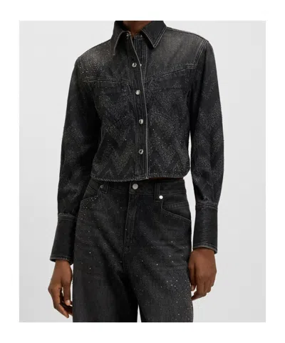 Hugo Boss Cropped Regular-fit Blouse In Crystal-embellished Denim In Black