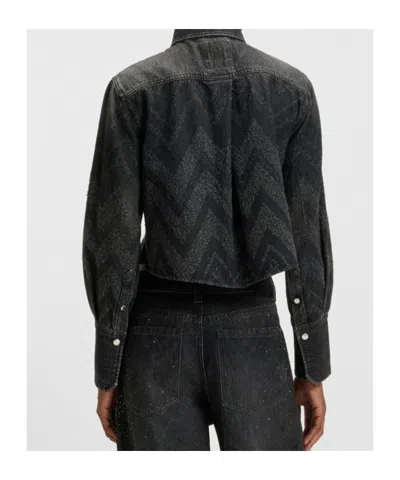 Hugo Boss Cropped Regular-fit Blouse In Crystal-embellished Denim In Black