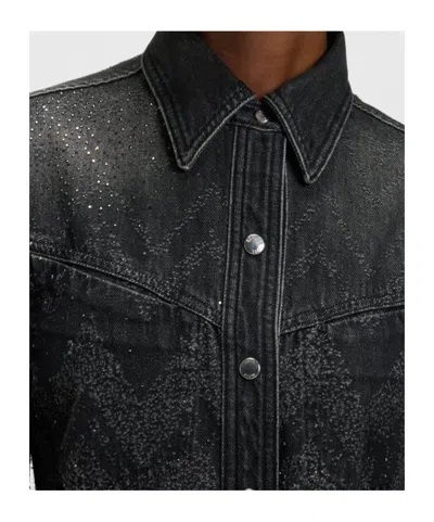 Hugo Boss Cropped Regular-fit Blouse In Crystal-embellished Denim In Black