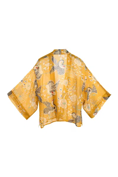 Artemis Muse Women's Yellow Mustard Dynastic Bird Print Light Weight Kimono In Yellow
