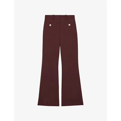 Reiss Womens Burgundy Lily Flared-leg Button-embellished Stretch Wool-blend Trousers