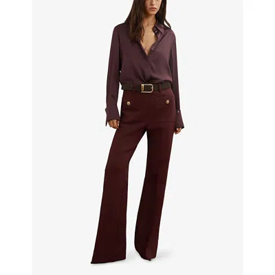 Reiss Womens Burgundy Lily Flared-leg Button-embellished Stretch Wool-blend Trousers