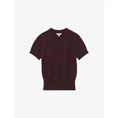 Reiss Womens Burgundy Anita Short-sleeve Cotton And Wool-blend Top In Burgundy