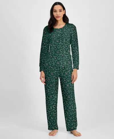 Charter Club Women's 2-pc. Printed Long-sleeve Packaged Pajamas Set, Created For Macy's In Green