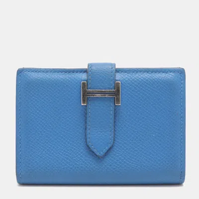 Pre-owned Hermes Bearn Bleu Zellige Epsom Leather Wallet In Blue