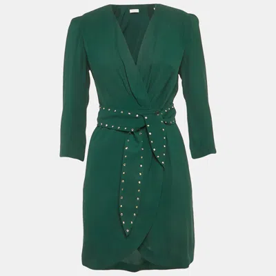 Pre-owned Sandro Green Crepe Embellished Trim Wrap Around Mini Dress Xs