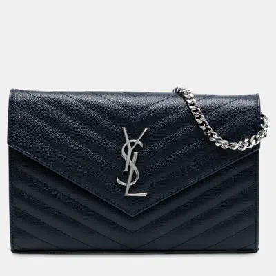 Pre-owned Saint Laurent Blue Grain De Poudre Matelasse Chevron Monogram Chain Wallet