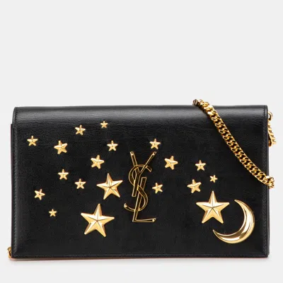 Pre-owned Saint Laurent Black Leather Moon And Star Monogram Kate Wallet On Chain