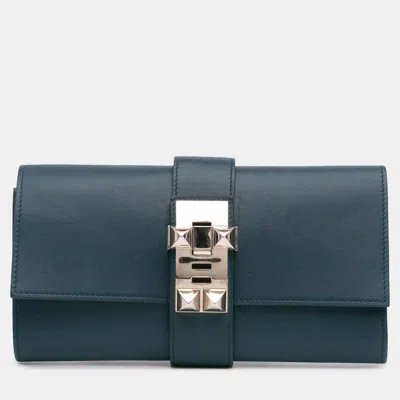Pre-owned Hermes Blue Tadelakt Medor Clutch 23