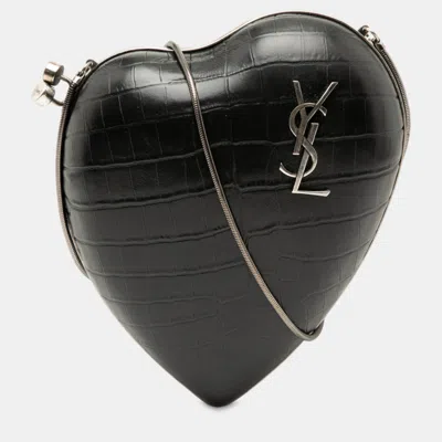 Pre-owned Saint Laurent Black Crocodile Embossed Calfskin Love Box Chain Clutch