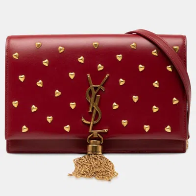 Pre-owned Saint Laurent Red Calfskin Heart Studded Classic Monogram Kate Tassel Wallet On Chain