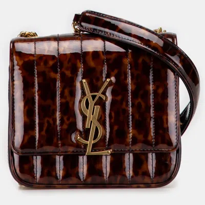 Pre-owned Saint Laurent Brown Small Patent Monogram Tortoiseshell Vicky Chain Bag