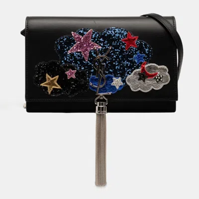 Pre-owned Saint Laurent Black Calfskin Cloud Star Applique Classic Monogram Kate Tassel Wallet On Chain