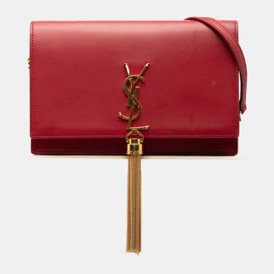 Pre-owned Saint Laurent Red Smooth Calfskin Monogram Kate Tassel Wallet On Chain
