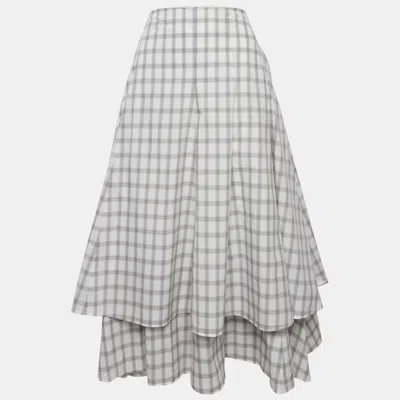 Pre-owned Loewe White /grey Checkered Print Cotton Tiered Midi Skirt S