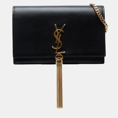 Pre-owned Saint Laurent Black Smooth Calfskin Monogram Kate Tassel Chain Wallet