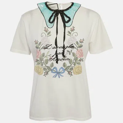 Pre-owned Gucci White Floral Print Jersey Sequin Collar Top M