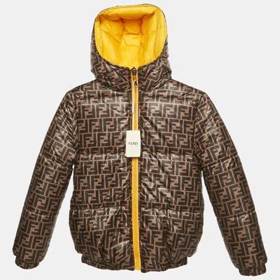 Pre-owned Fendi Brown/yellow Zucca Nylon Reversible Puffer Jacket 9yrs