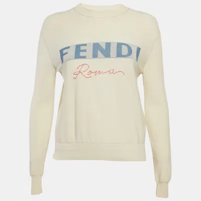 Pre-owned Fendi Cream Printed Cashmere Crewneck Sweatshirt S In White