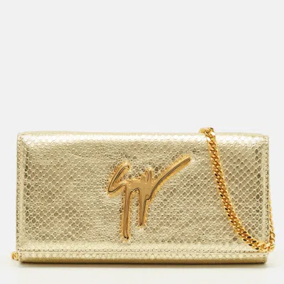 Pre-owned Giuseppe Zanotti Logo Flap Gold Snakeskin Embossed Leather Chain Clutch