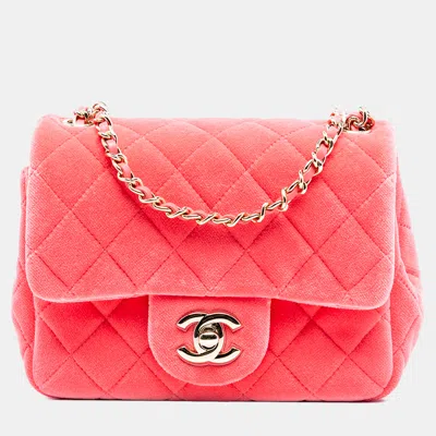 Pre-owned Chanel Pink Mini Square Classic Velvet Pearl Crush Single Flap