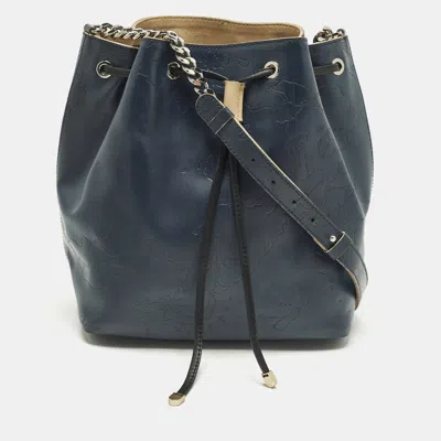 Pre-owned Alviero Martini 1a Classe Navy Blue Geo Embossed Leather Drawstring Bucket Bag