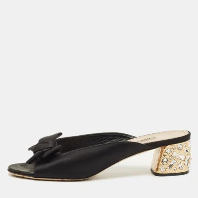 Pre-owned Miu Miu Size 39.5 Black Satin Bow Crystal Embellished Block Heel Slide Sandals