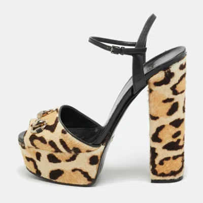 Pre-owned Gucci Claudie Size 38.5 Beige/brown Calf Hair Ankle Strap Sandals