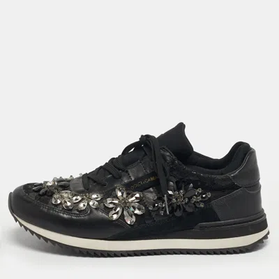 Pre-owned Dolce & Gabbana Size 39 Black Lace And Leather Crystal Embellished Lace Up Sneakers