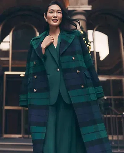 Ann Taylor Petite Plaid Fitted Double Breasted Coat In Green