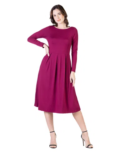 24seven Comfort Apparel Petite Midi Fit N Flare Pocket Dress In Purple