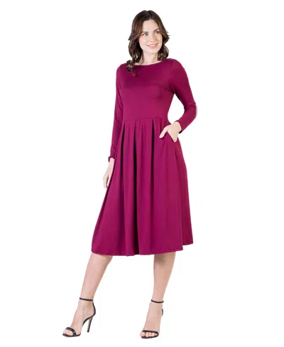 24seven Comfort Apparel Petite Midi Fit N Flare Pocket Dress In Purple